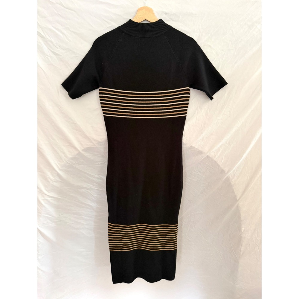 Monrow Knit Midi Dress Womens Black Tan Striped Mock Neck Short Sleeve Small - Picture 4 of 9